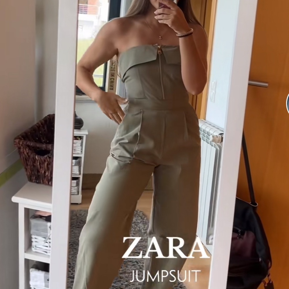 Zara NWT pale olive green zipper front foldover strapless bandeau tube jumpsuit - Picture 10 of 17